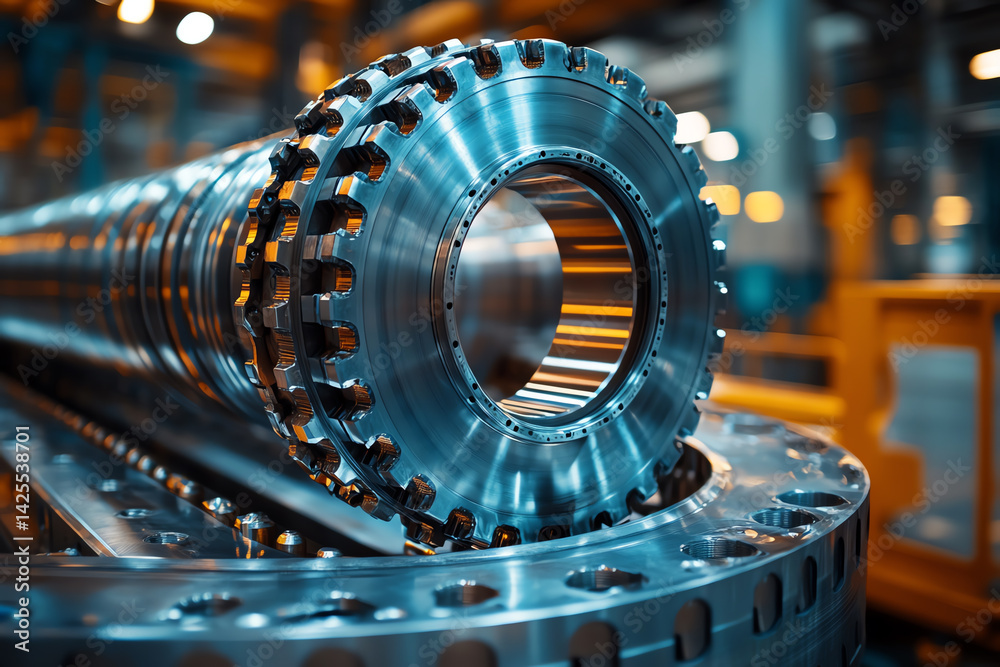 Poster Close-up of a metallic mechanical component with intricate details in an industrial setting, showcasing precision and engineering.