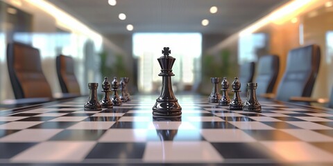 Chess pieces on a polished table in a modern office setting.