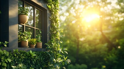 A tranquil scene of thriving plants and flowers framed by a window with warm sunlight filtering through the foliage and creating a serene natural atmosphere