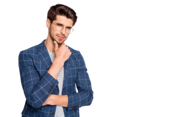 Portrait of his he nice attractive calm content top executive director ceo boss chief recruiter wearing checked blazer touching chin thinking copy space isolated over light white pastel background