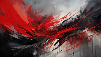 Vibrant Abstract Red and Black Streaks Against Textured Gray Backdrop A Powerful Display of Contrasting Energies in Artistic Expression