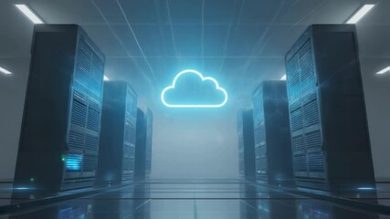 Lightning bolts transfer energy between server racks and a cloud computing symbol, representing the power and speed of modern data centers and cloud technology - Powered by Adobe