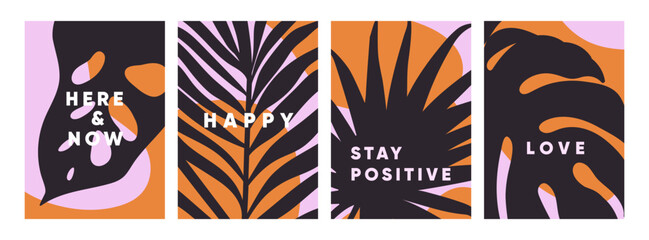 Tropical leaf poster designs set. Summer paradise cards with exotic palm and monstera leaves silhouettes. Organic nature, holiday and vacation postcards collection. Flat vector illustration