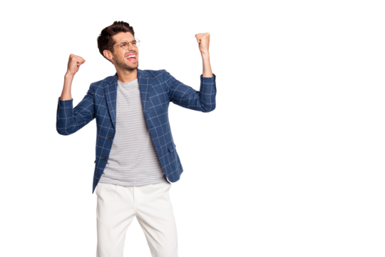 Portrait of his he nice attractive cheerful cheery ecstatic lucky director ceo boss chief celebrating good luck growth breakthrough great news isolated over light white pastel background