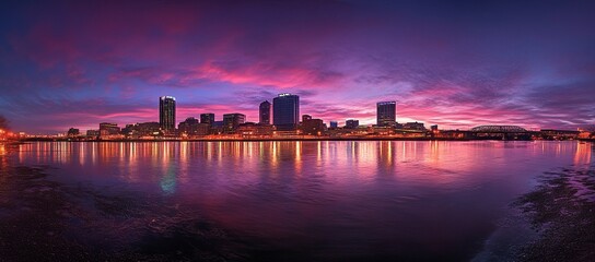 Fototapeta premium Panoramic view of the Nashville skyline at dusk, with colorful reflections on the river. The buildings are illuminated by lights, and the sky displays beautiful purple and pink hues.