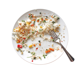 empty plate with the dwarfs' food remains, including rice and vegetables on it, against a transparent background