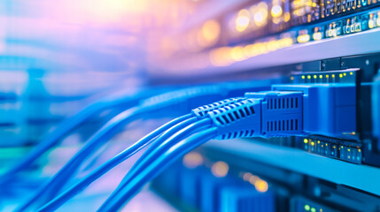 Colorful network cables connecting to server ports in a data center at twilight