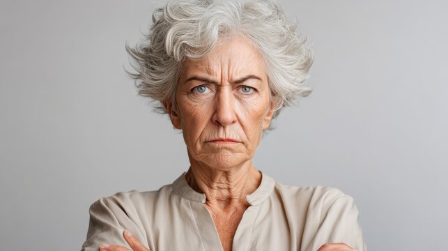 Woman with a scowl on her face. She is wearing a white shirt and has grey hair