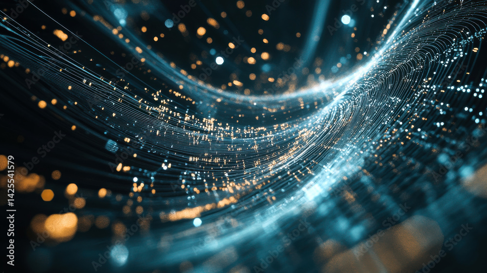 Poster dynamic visualization of glowing particles and flowing lines in a digital abstract design