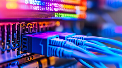 Network cables connected to a server with colorful LED lights illuminated, showcasing data transfer technology in an IT environment