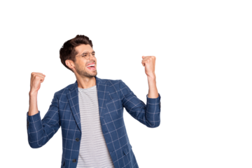 Portrait of his he nice attractive cheerful cheery glad self-employed director ceo boss chief celebrating project start-up growth breakthrough isolated over light white pastel background