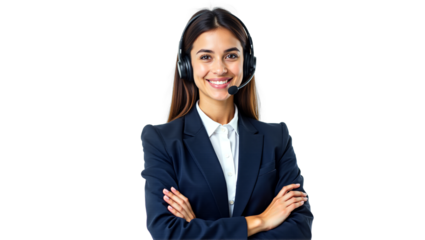 Professional happy woman in headset and business suit, arms crossed, isolated on transparent background for call center, customer service, telemarketing, or consulting career concepts.