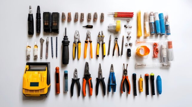 Neatly arranged electrician tools on a white surface, showcasing precision and organization in professional craftsmanship.