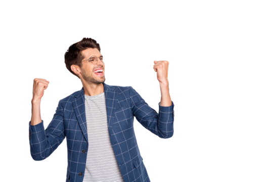Portrait of his he nice attractive cheerful cheery glad self-employed director ceo boss chief celebrating project start-up growth breakthrough isolated over light white pastel background