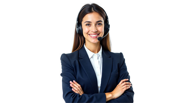 Professional happy woman in headset and business suit, arms crossed, isolated on transparent background for call center, customer service, telemarketing, or consulting career concepts.