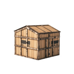 Unique wooden structure with large windows in a minimalist design located in a spacious outdoor area