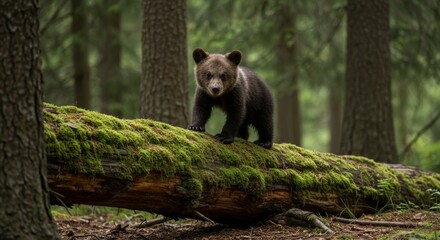 Adorable bear cub explores a moss-covered log in the serene forest environment
