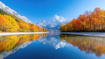 Autumnal mountain lake with vibrant fall foliage mirrored in calm waters. Snowy peaks dominate the background, creating a serene landscape