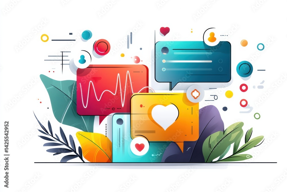 Poster Modern Healthcare Chatbot Interface Featuring Colorful Design Elements and Heart Symbol, Representing Digital Health Communication Solutions Effectively