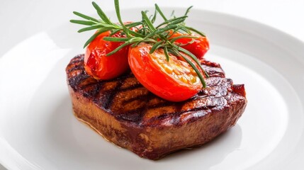 Grilled beef steak with fresh tomato garnish on a white plate, a classic culinary delight.