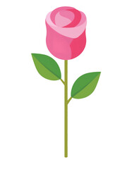 Simple flat illustration of a pink rose with green stem and leaves isolated on a transparent background