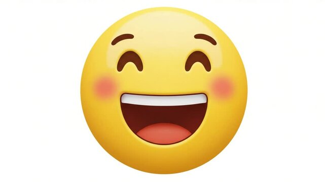 Cute emoji face with closed eyes and blushing cheeks smiling brightly on white background in cheerful cartoon style