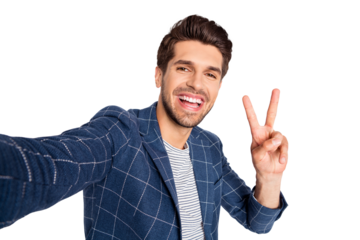 Self-portrait of his he nice attractive cheerful cheery glad delighted funny director executive manager wearing checked blazer showing v-sign isolated over light white pastel background