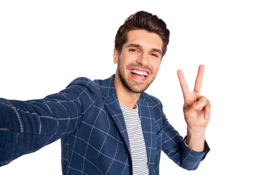 Self-portrait of his he nice attractive cheerful cheery glad delighted funny director executive manager wearing checked blazer showing v-sign isolated over light white pastel background
