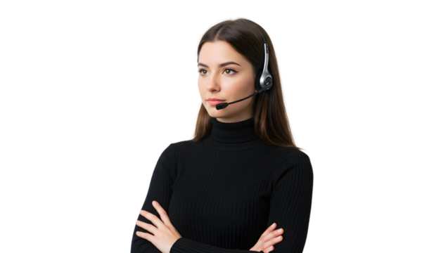 Customer service representative with headset ready to assist clients and solve problems online now on transparent background
