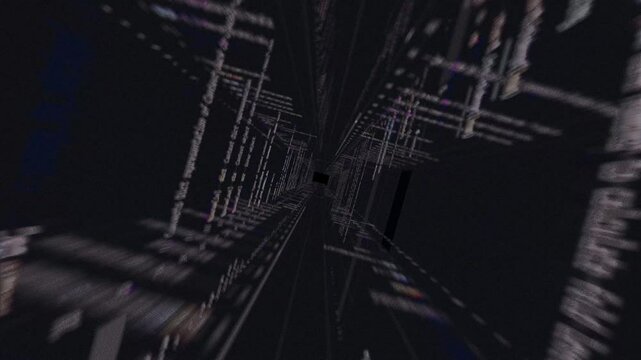 spiraling animation through a coding server, scrolling through programming data, 3d rendering through gradient mainframe source code, black background