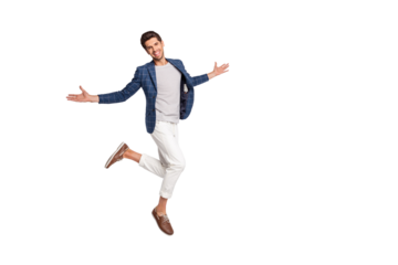 Full length body size view of his he nice attractive cheerful cheery content director wearing checked blazer jumping enjoying leisure freedom success isolated over light white pastel background