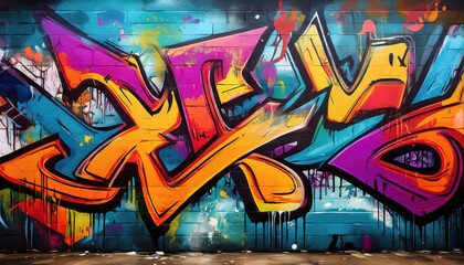 Vibrant Graffiti Art on Weathered Concrete Wall Striking, Colorful Street Art Masterpiece Illuminating Urban Decay and Creative Energy at Dusk