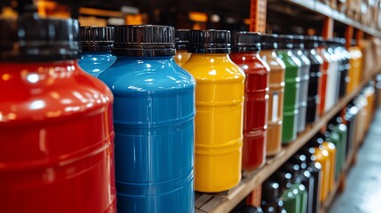 Colorful Paint Containers on Warehouse Shelves
