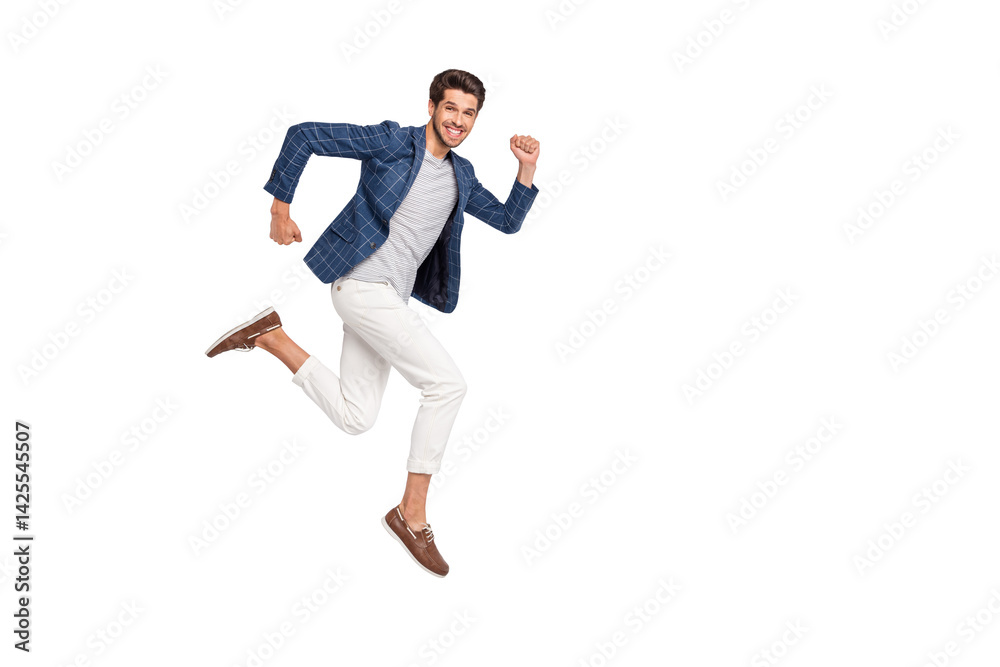 Poster full length body size view of nice attractive luxurious cheerful cheery glad funny businessman weari