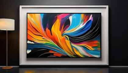Vivid Abstract Artwork Modern Glossy White Frame Contrasts Against Stark Black Backdrop, Showcasing a Swirl of Colorful Textures and Emotional Energy.