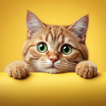 Adorable tabby orange kitten with bright amber eyes peeking over a vibrant yellow surface, set against a solid yellow background. The curious expression and minimalist setting make this a perfect
