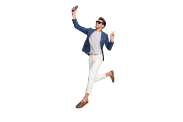 Full length body size view of nice attractive cheerful cheery business tourist wearing checked blazer jumping taking making selfie showing v-sign isolated over light white pastel background