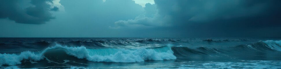 Fototapeta premium Dark, brooding cloudscape over turbulent ocean waves , power, white, ocean scape