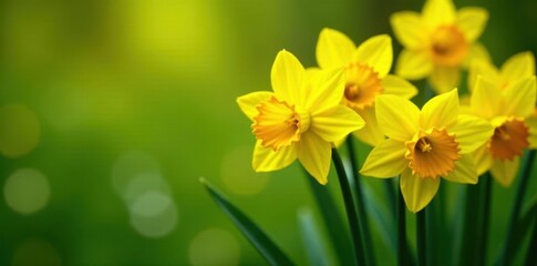 Fototapeta premium Dense cluster of daffodils, vibrant yellow against green , blossom, cluster