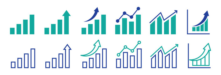 increase chart icon set. growth up arrow graph vector symbol. economic stock market trend sign. profit or revenue rise icon. data forecast statistic sign. money investment growth symbol.