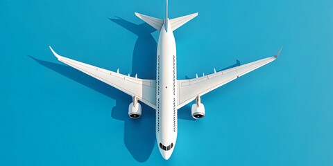 Naklejka premium Top-down view of a modern commercial airplane on a solid blue background. The minimalistic composition highlights the aircraft's design and symmetry, symbolizing air travel, aviation technology