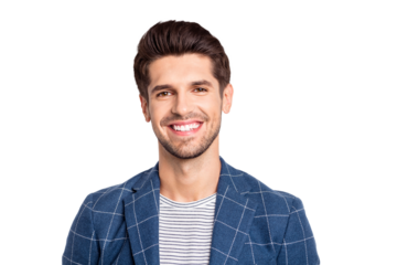 Portrait of charming man youth smile wear blue plaid jacket blazer isolated over white background