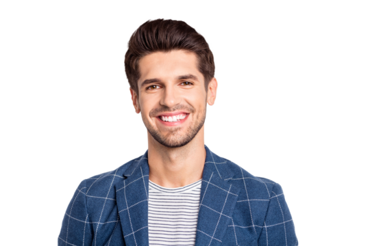 Portrait of charming man youth smile wear blue plaid jacket blazer isolated over white background