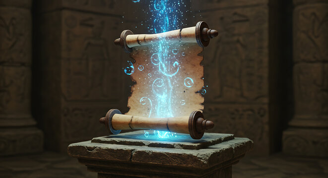 Ancient Scroll Unveiling Glowing Secrets, Stone Pedestal, Mystical Light, Temple Interior.