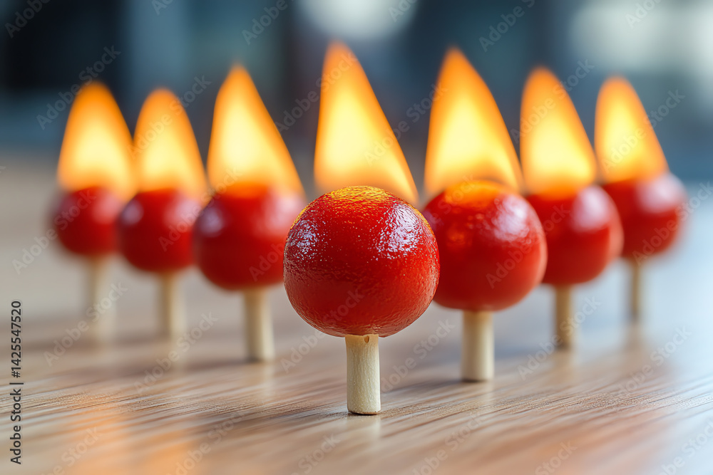 Poster vibrant lit matchsticks arranged in a striking pattern, representing creativity and warmth in modern