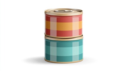 Two stacked metal food cans with a gingham pattern