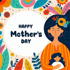Vector illustration of a Mother's Day greeting card with a mother and daughter surrounded by colorful leaves. Flat style design with decorative elements and the text 