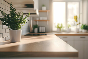 Bright, sun-drenched kitchen countertop featuring a small plant.