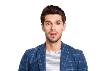 Close up photo of classy man look hear unexpected news wear modern checkered blazer jacket isolated over white background