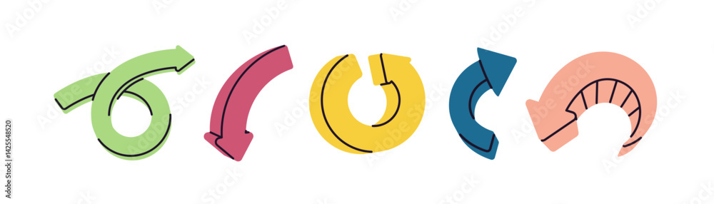 Aufkleber Arrow elements, movement and action signs set. Curved pointers for game navigation, refresh, reload, rotation, direction and update icons. Flat vector illustration isolated on white background
